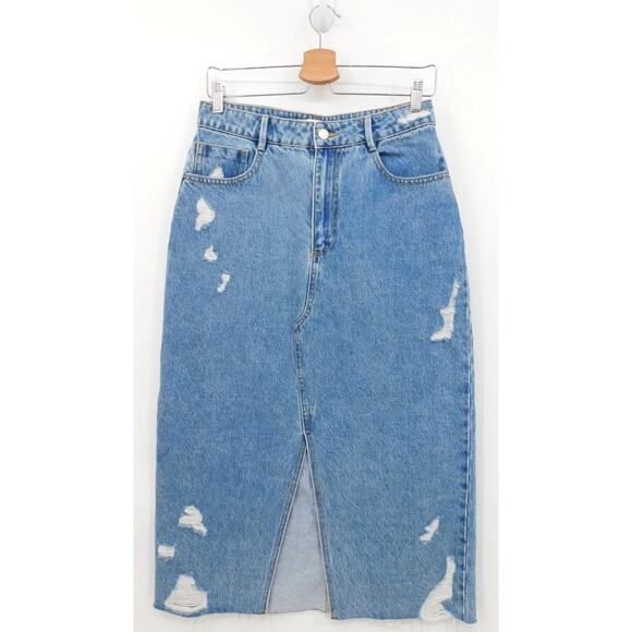 Zara Women's Blue Distressed Split Front Hem Pencil Denim Skirt‎ Size Medium - Picture 1 of 5